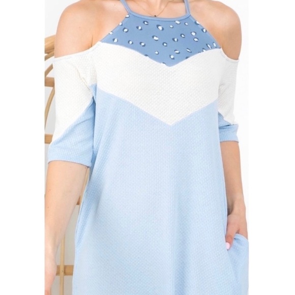 Leopard Detail Blue & White Cold Shoulder Dress Pockets S - Picture 7 of 14